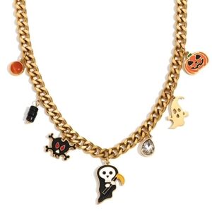 Chic 18K Gold Plated Halloween Charm Necklace With Ghost, Pumpkin & Skull